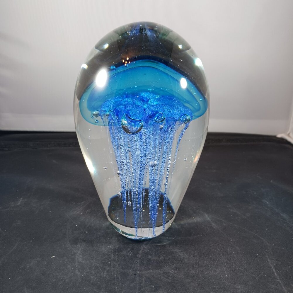 Art Glass Blue Jellyfish Paperweight Desk Beach Decor Sculpture Figurine